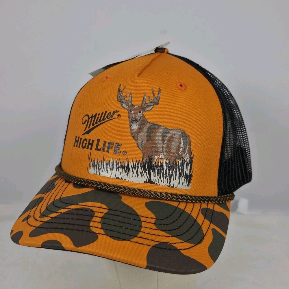 Miller High Life Hat Men's  Orange Camo Snapback Rope Cap Beer Logo Trucker NWT
